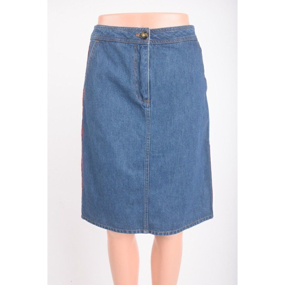 Boden Womens Denim Jean Skirt UK 8 US 4 Blue Red Piping T0216 NWT
